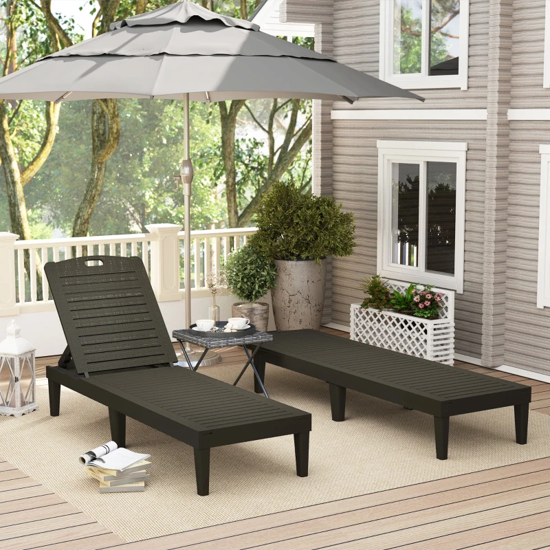 Outsunny Set van 2 Weerbestendige Tuinligstoelen met 4-Voudig Verstelbare Rugleuning tot 120kg - Zwart