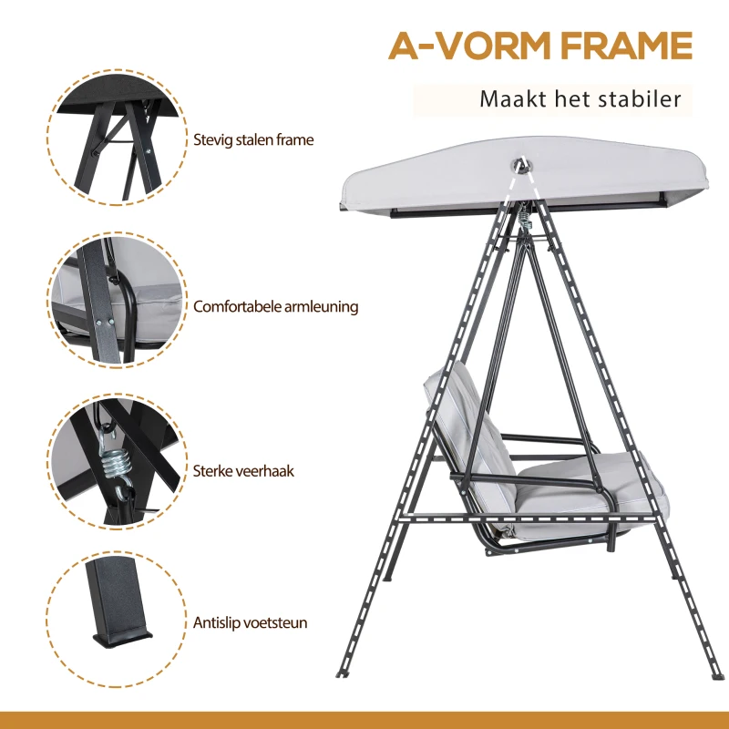 Outsunny Hollywoodschommel, 2-zits tuinschommel met verstelbaar dak, tot 220 kg belastbaar, 145 x 116 x 172 cm, Grijs