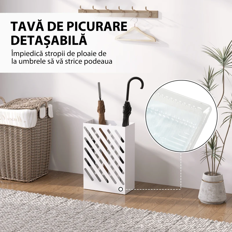 HOMCOM Suport pentru Umbrele cu Tavă pentru Colectarea Picăturilor și 4 Cârlige, 28x14x41 cm, Alb