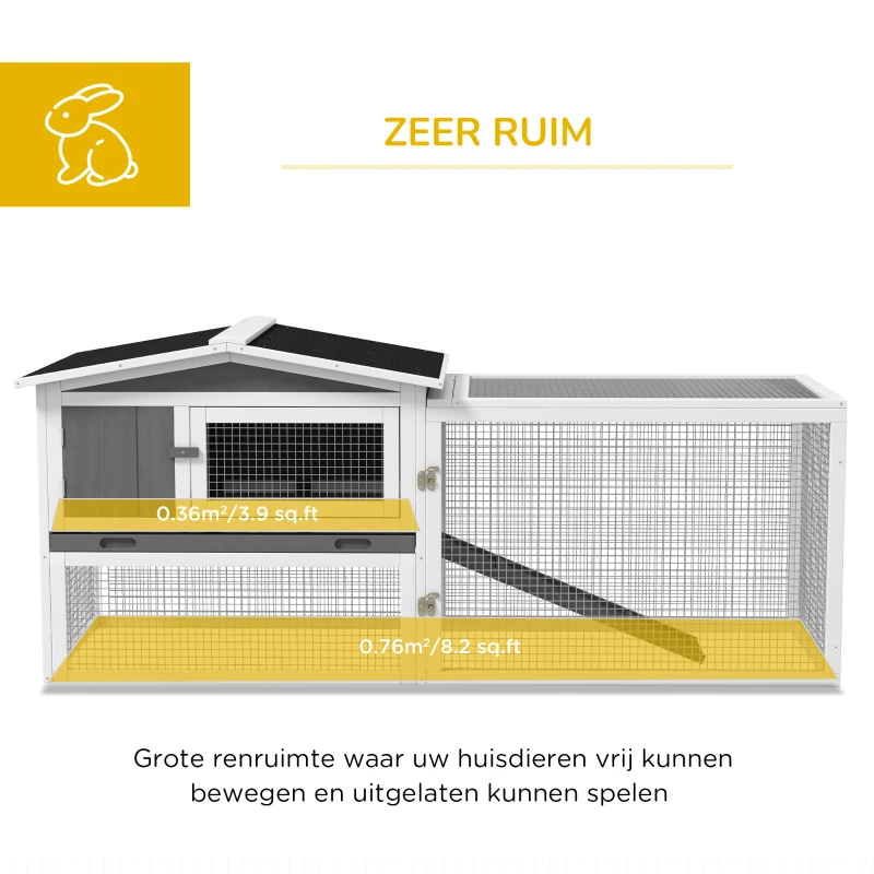 PawHut Konijnenhok van Sparrenhout met Asfaltdak, Kleine Dierenverblijf, 156 x 58 x 68 cm, Lichtgrijs
