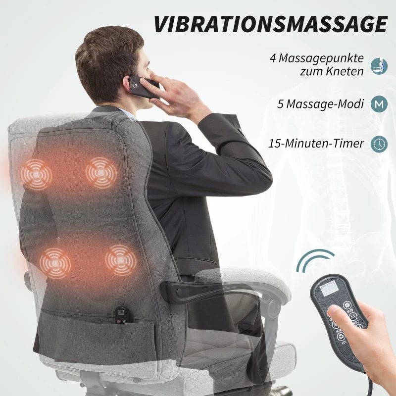 HOMCOM Ergonomische Bureaustoel met Massage en Ligfunctie Voetsteun Grijs