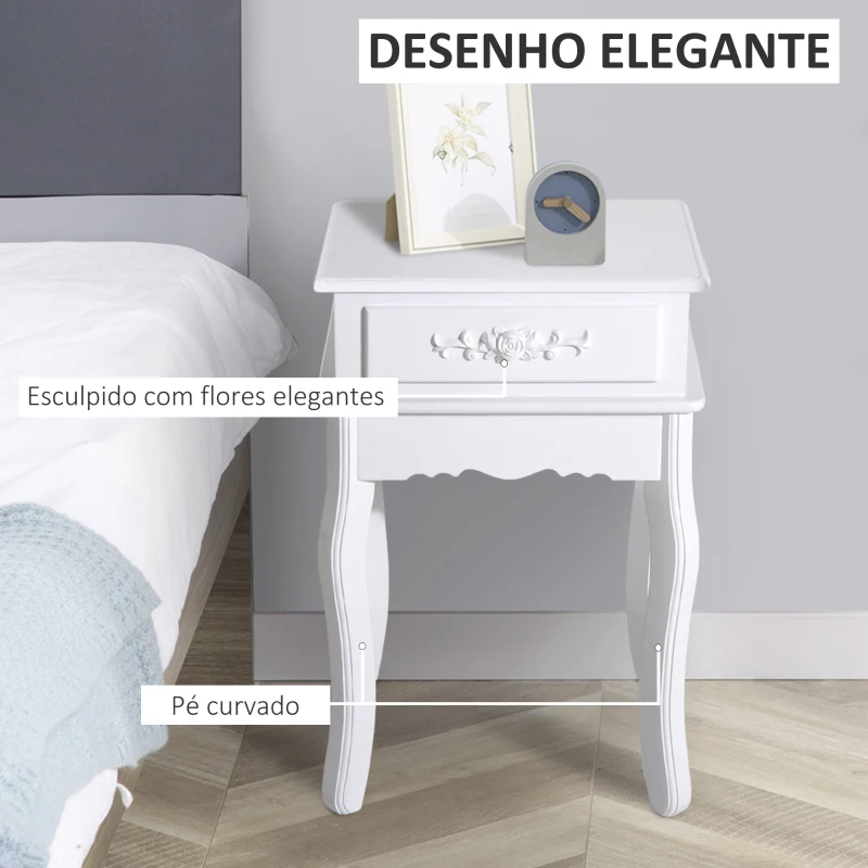 HOMCOM Mesa de Cabeceira com 1 Gaveta Mesa Auxiliar de Madeira para Dormitório Sala de Estar Estilo Moderno 40x35x60cm Branco