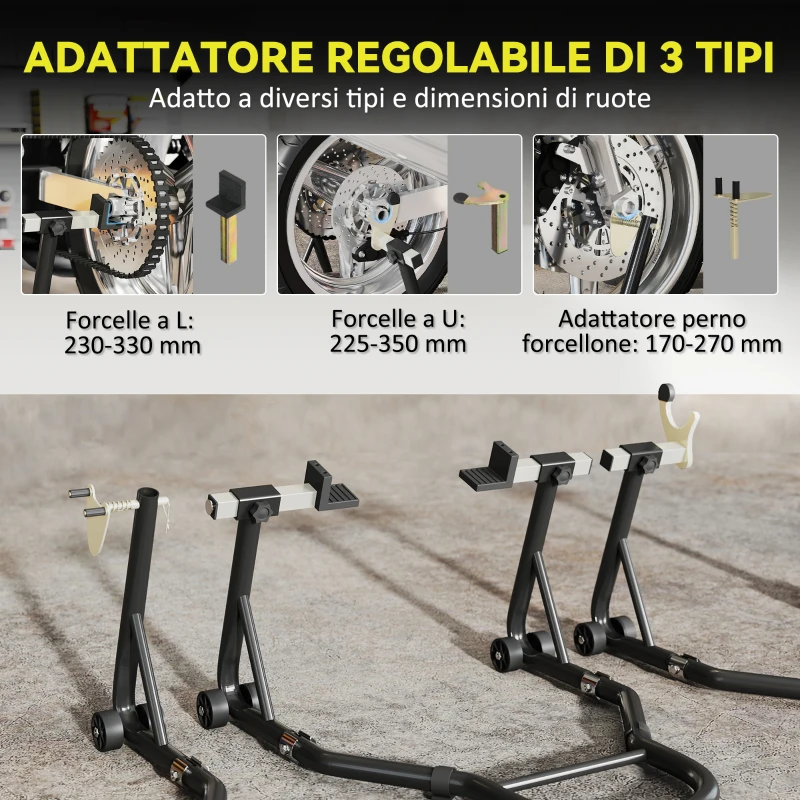 HOMCOM Set 2 Cavalletti Alzamoto Regolabili a Triangolo in Acciaio con Rotelle e Forcelle a U e L, Nero