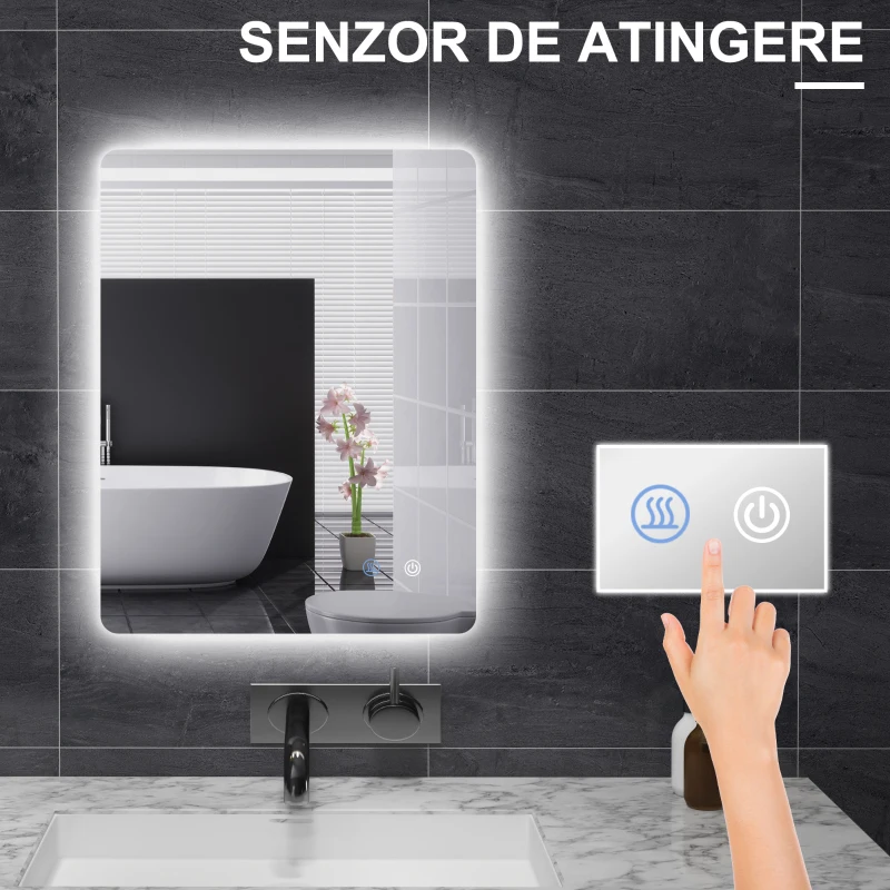 Kleankin Oglinda de Baie cu Lumina LED 3 Culori, intrerupatoare Touch si Luminozitate Reglabila, 70x50x3 cm, Transparent