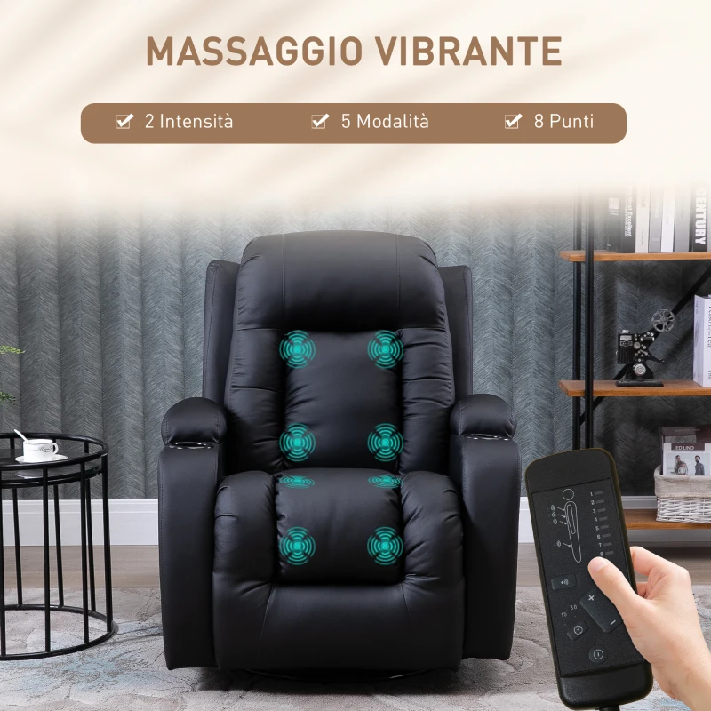 HOMCOM Poltrona Relax Reclinabile fino 150° in Finta Pelle con 8 Punti Massaggio e Riscaldamento, Nero