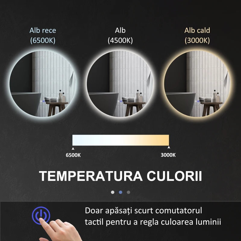 Kleankin Oglinda de Baie Rotunda cu Lumina LED in 3 Culori si intrerupatoare Touch, Ø70x3.5 cm, Transparent