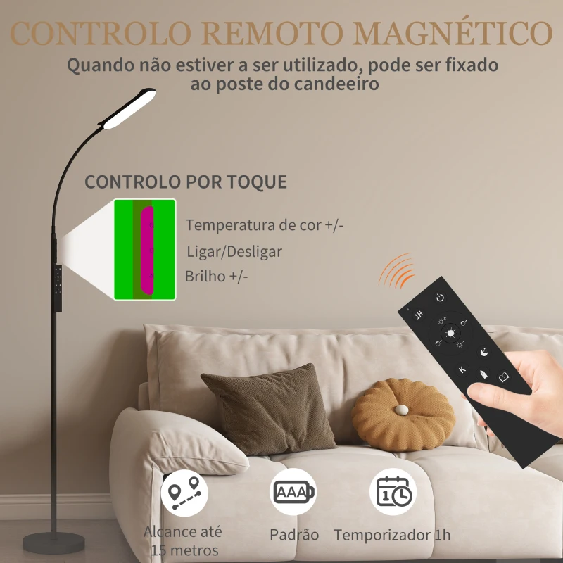 HOMCOM Candeeiro de Pé LED com Controlo Remoto e Tátil 5 Modos de Iluminação Temporizador de 60 Minutos Memória Ø22x175 cm Preto