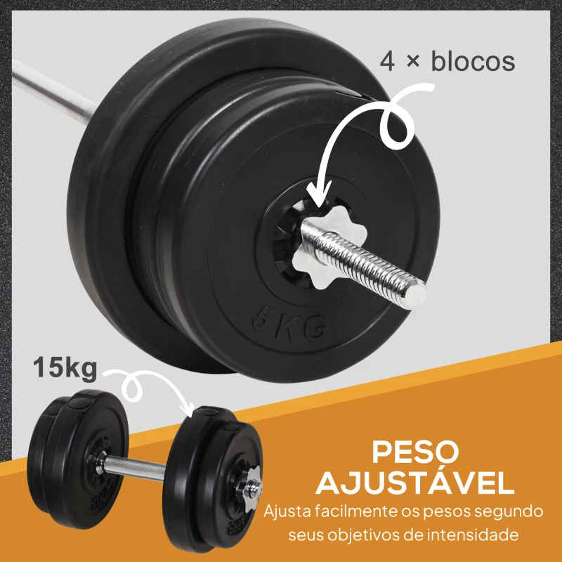 HOMCOM Conjunto de Barras de Pesos com 14 Discos de Pesos Intercambiáveis até 55kg Conjunto de Pesos e Barras Ajustáveis para Culturismo Treinamento Fitness em Casa Academia Preto