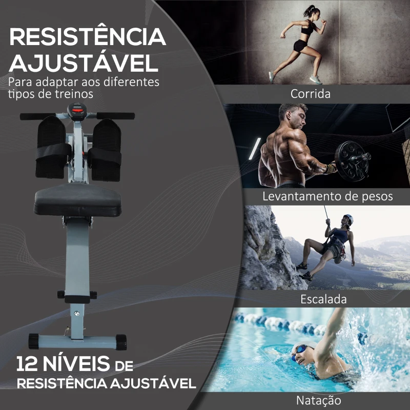 HOMCOM Máquina de Remo com Ecrã LCD para Academia Exercícios de Musculação ou Resistência Carga Máxima 100kg 130x47,5x67cm Cinza