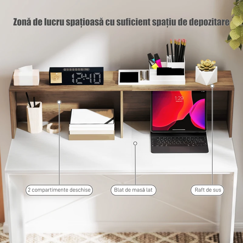 HOMCOM Birou PC pentru Studiu cu Blat Înălțat și 2 Rafturi, 110x50x102.6 cm, Alb și Maro Nuc
