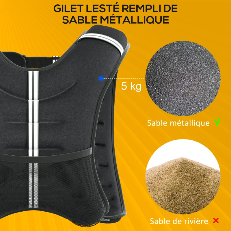 HOMCOM Gilet lesté de 5 kg, veste lestée, pour homme et femme, avec poche de rangement, tissu Oxford, sable métallique, noir