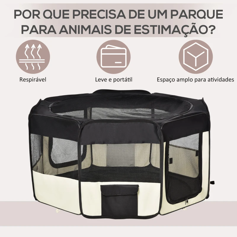 PawHut Parque para Animais de Estimação Dobrável com 2 Portas e Almofada Tecido Oxford Ø114x58 cm Preto e Creme