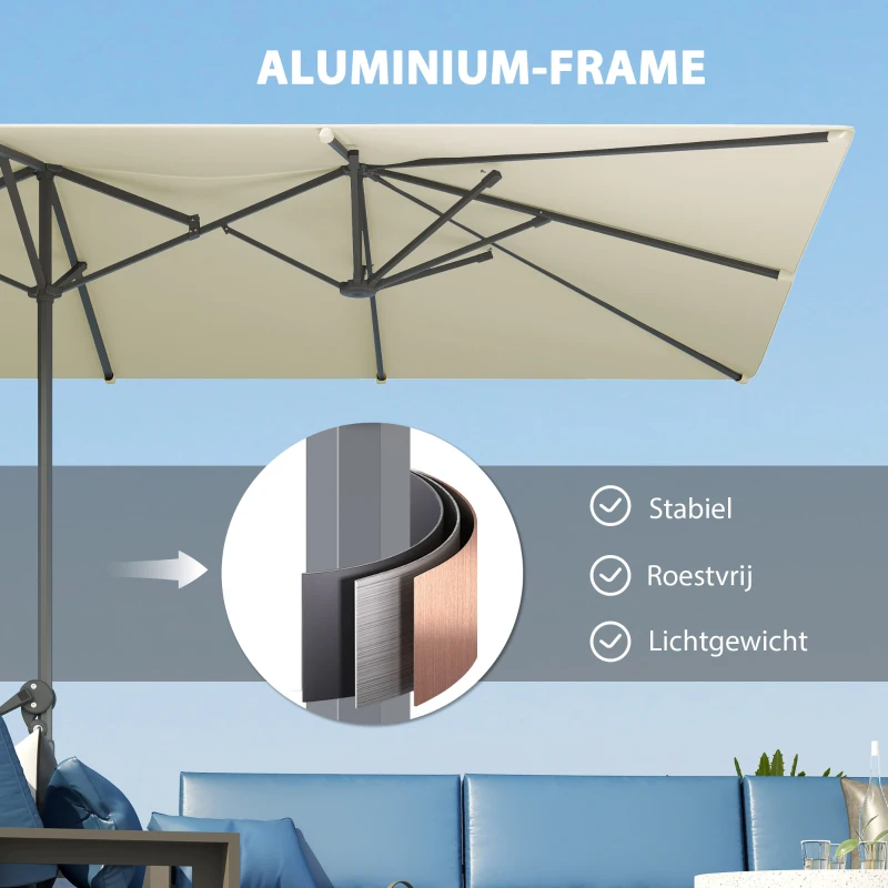 Outsunny Dubbelzijdige Parasol, 451 x 264 cm Zonnescherm met Kruksysteem, 12 Metalen Baleinen, Aluminiummast, Crèmewit(m-5)