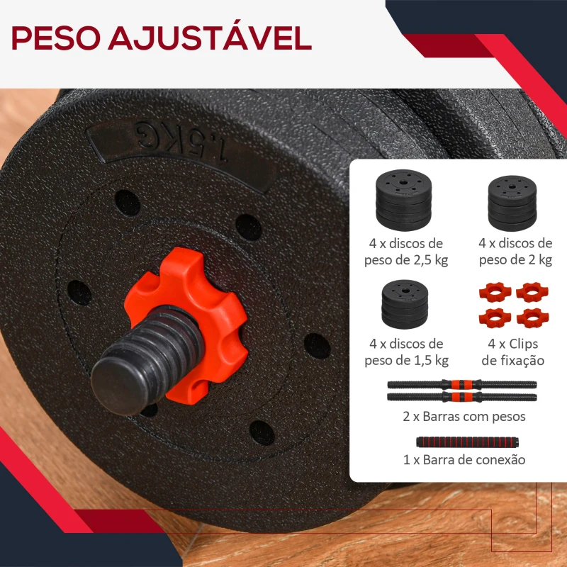 HOMCOM Conjunto de halteres 2 em 1 25 kg com barra ajustável Treinamento de força e levantamento de peso para ginasio preto