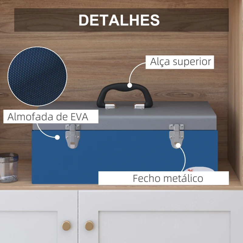 DURHAND Caixa de Ferramentas Metálica Baú de Ferramentas de Aço 50x26x18,5 cm com Pegas de Transporte Carga 20 kg Cinza e Azul