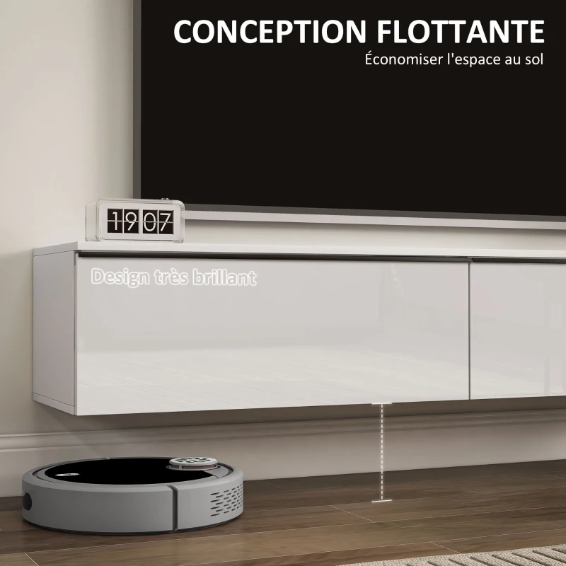 HOMCOM Meuble TV suspendu avec placard, pour téléviseurs jusqu'à 70 pouces, effet brillant, blanc