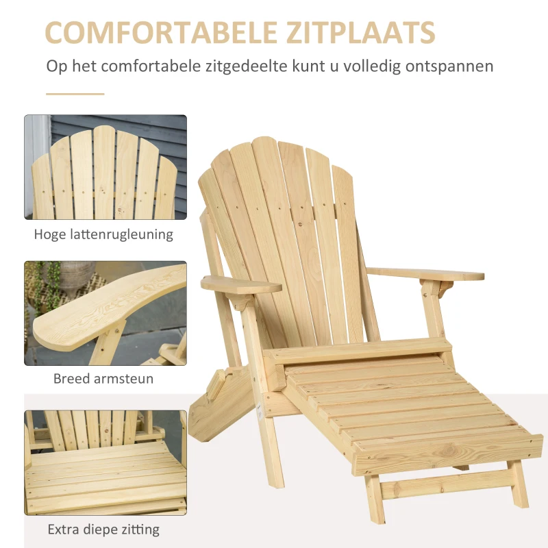 Outsunny Adirondack Tuinstoel met Voetensteun Opvouwbaar Ligstoel Buitenmeubilair Grenenhout Natuur 78 x 140 x 94 cm