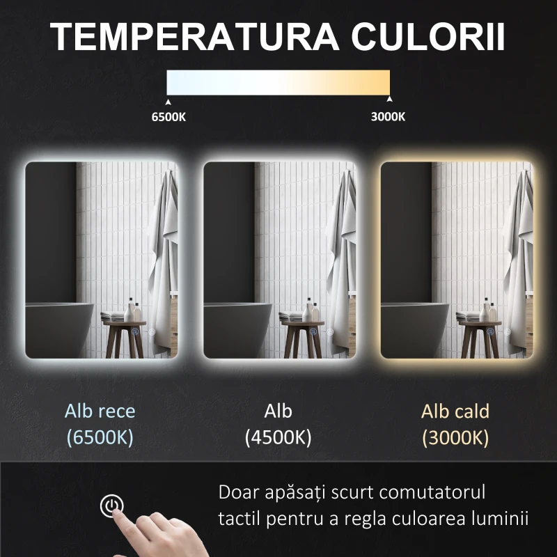 Kleankin Oglinda de Baie cu Lumina LED 3 Culori, intrerupatoare Touch si Luminozitate Reglabila, 70x50x3 cm, Transparent