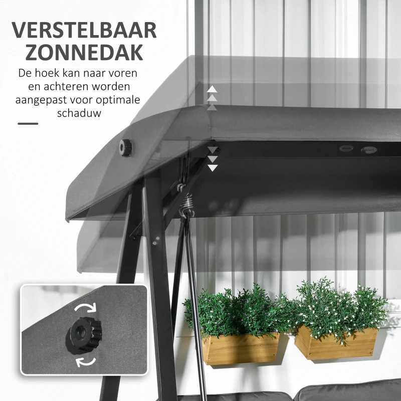 Outsunny Hollywoodschommel, 2-zits Tuinschommel met Verstelbaar Dak, tot 220kg Belastbaar, 145 x 116 x 172 cm, Donkergrijs
