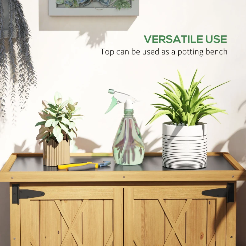 Outsunny Armadio da Giardino Porta Attrezzi in Legno con 2 Ante e 4 Scaffali, Piano in Lamiera, 75x40x90 cm