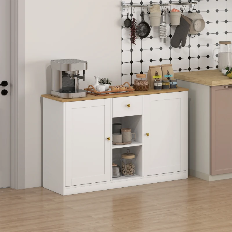 HOMCOM Küchenkommode, Sideboard mit Schublade, Schränken, Regalen, Spanplatte, Weiß(m-8)