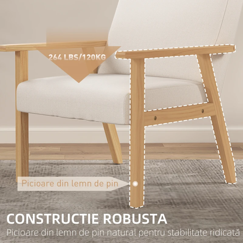 HOMCOM Fotoliu Modern cu 2 Perne din In și Picioare din Lemn de Pin, 64x70x72 cm, Alb Crem