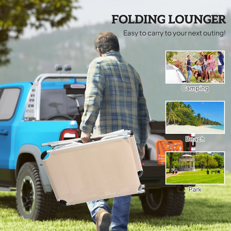 Outsunny Foldable Outdoor Sun Lounger, Reclining Lounge Chair Camping Bed Cot with Pillow 4-Level Adjustable Back Aluminium Frame, Khaki