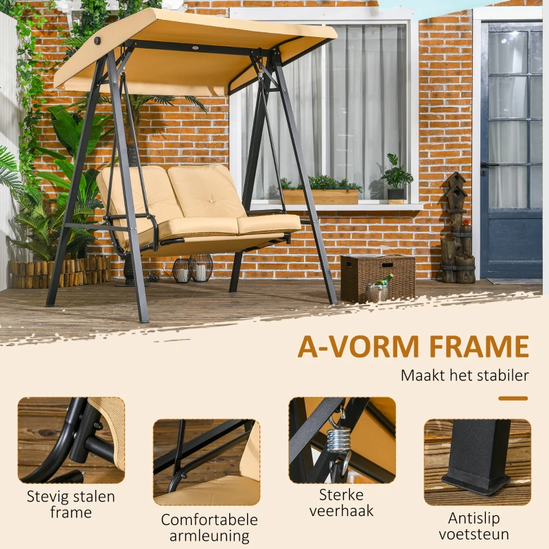 Outsunny Tuinschommel, 2-zits met verstelbaar dak, tot 220 kg belastbaar, 138 x 106 x 174 cm, Beige