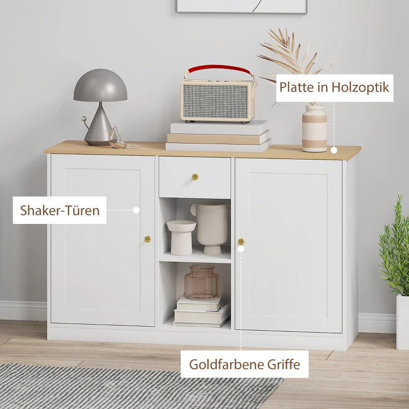 HOMCOM Küchenkommode, Sideboard mit Schublade, Schränken, Regalen, Spanplatte, Weiß(m-5)