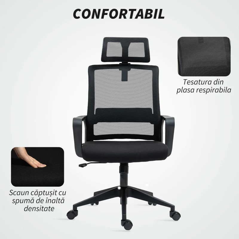 HOMCOM Scaun de Birou Ergonomic cu Tetieră, Înălțime Reglabilă și Funcție de Balansare, 60x64x102-112 cm, Negru