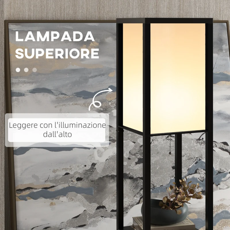 HOMCOM Lampada a Terra 40W con 3 Mensole Integrate e Interruttore a Pedale, Lampada Moderna in MDF e PS, 26x26x160 cm, Nero e Bianco