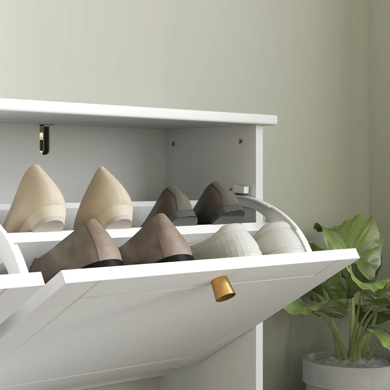 HOMCOM Narrow Shoe Storage Cabinet, Slim Shoe Cabinet with 4 Flip Drawers, Adjustable Shelves for 16 Pairs of Shoes, White