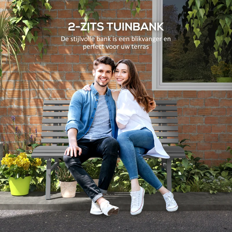 Outsunny Grijze Aluminium Tuinbank, Parkbank, Zitbank met Latdesign, Weerbestendig, 123 x 67 x 79 cm