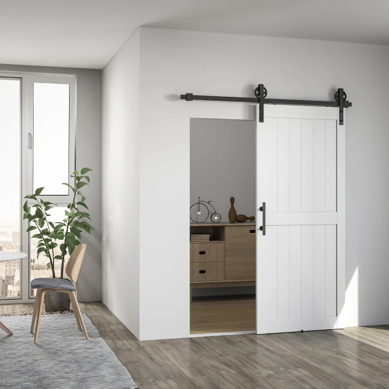 HOMCOM Puerta Corredera de Granero con Herrajes Manija Rodillo y Guía de Suelo Mejorados para Baño Salón 91,5x213,4 cm Blanco(m-10)
