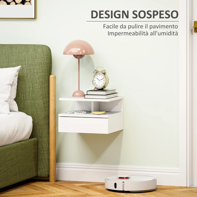 HOMCOM Comodino Sospeso per Camera da Letto con Cassetto e Mensola in Legno, 35x32x22.5cm, Bianco