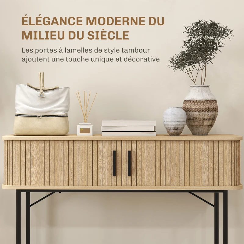 HOMCOM Console meuble, table console avec portes coulissantes à lattes et pieds en acier, pour salon, chêne et noir
