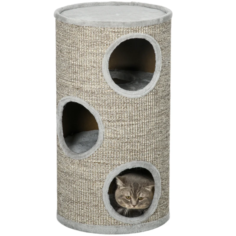PawHut Barril para Arranhar Gatos de 3 níveis Torre para Arranhar Gatos com 3 Entradas e Tampa em Sisal Ø38x70cm Cinzento Claro