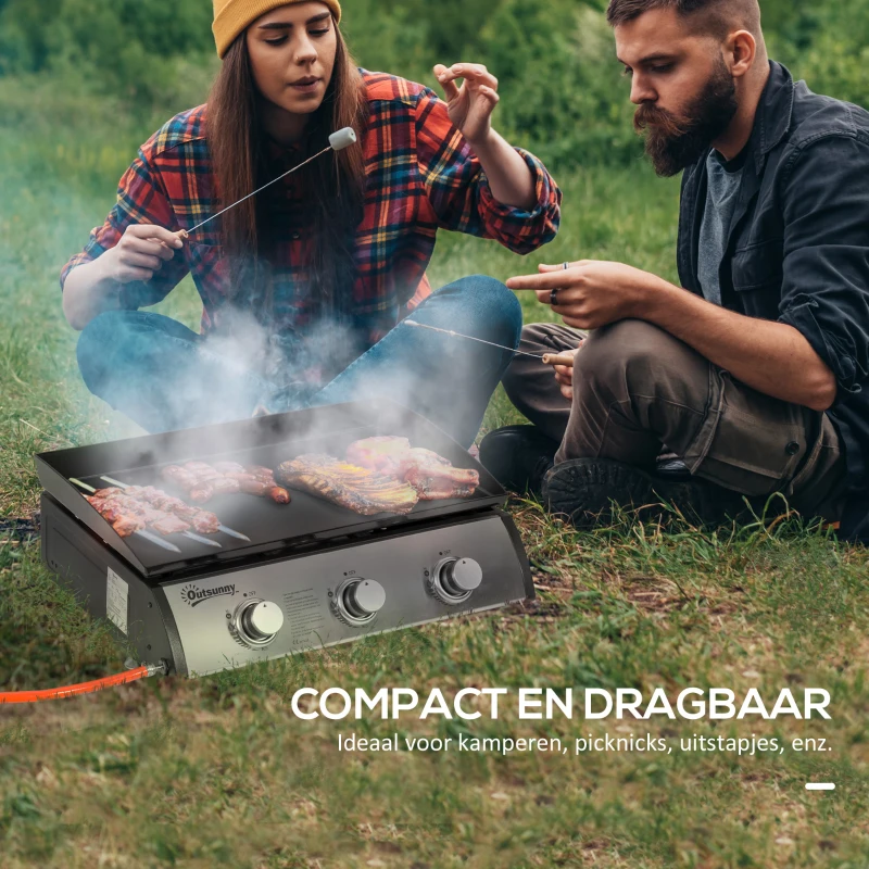 Outsunny Gasgrill met 3 Branders, Slang, Anti-aanbak Grillplaat, Roestvrijstaal, Kleur: Zilver, 63 x 48 x 21 cm