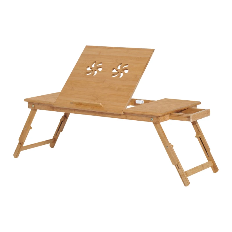 HOMCOM Mesa de Computador Portátil de Bambu Dobrável Reclinável e Altura Ajustável Mesa Auxiliar com1 Gaveta 72x35x22-30 cm Madeira