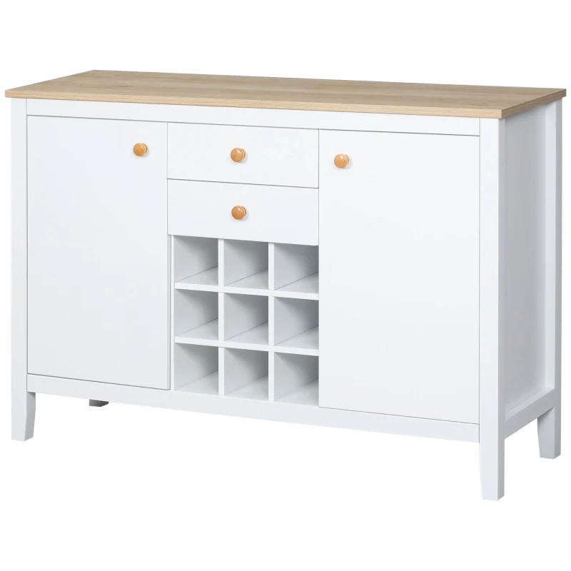 HOMCOM Aparador de Cozinha com 2 Gavetas 2 Armários com Prateleiras Ajustáveis e Suporte para 9 Garrafas 110x35x75 cm Branco e Madeira