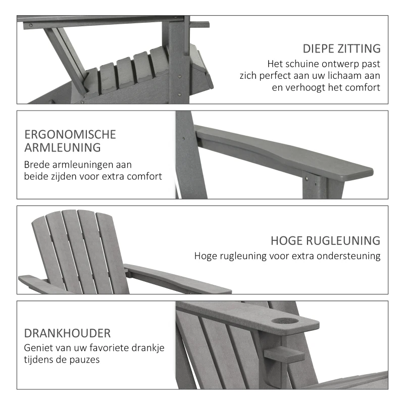 Outsunny Adirondack Stoel Kunststof 75x87x90cm,met Bekerhouder, Grijs