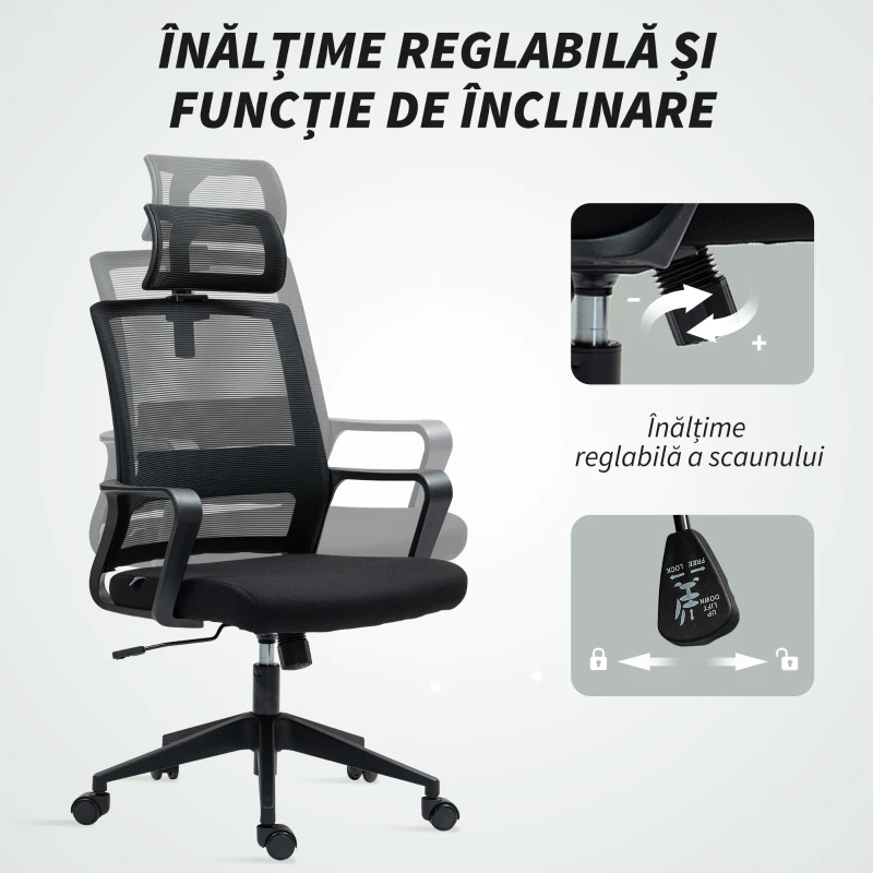 HOMCOM Scaun de Birou Ergonomic cu Tetieră, Înălțime Reglabilă și Funcție de Balansare, 60x64x102-112 cm, Negru