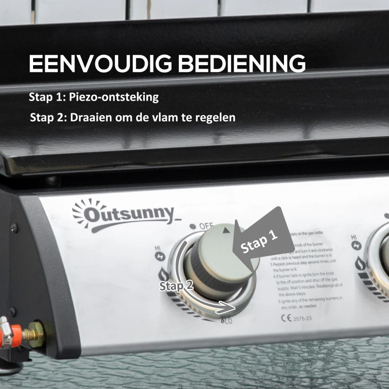 Outsunny Gasgrill met 3 Branders, Slang, Anti-aanbak Grillplaat, Roestvrijstaal, Kleur: Zilver, 63 x 48 x 21 cm