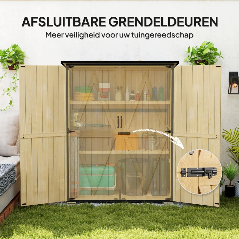 Outsunny Houten en Stalen Tuinkast, Buiten Gereedschapskast met Asfaltdak, 2 Planken, Afsluitbare Deuren, Natuurhout(m-5)