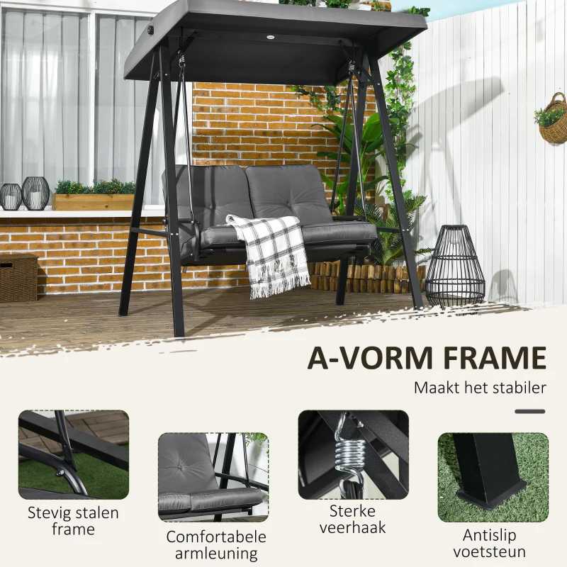 Outsunny Hollywoodschommel, 2-zits Tuinschommel met Verstelbaar Dak, tot 220kg Belastbaar, 145 x 116 x 172 cm, Donkergrijs