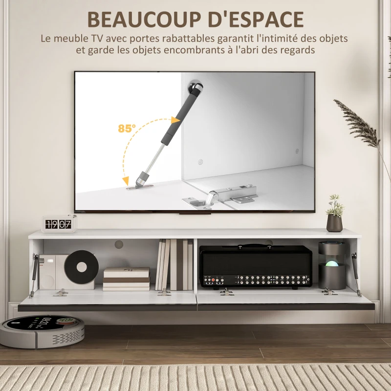 HOMCOM Meuble TV suspendu avec placard, pour téléviseurs jusqu'à 70 pouces, effet brillant, blanc