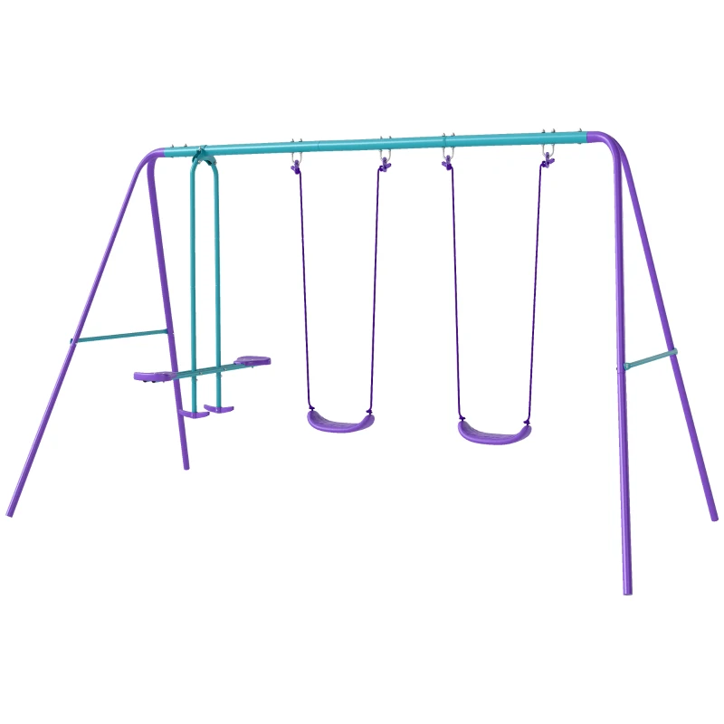 Outsunny Conjunto de Baloiços de Jardim com Altura Ajustável Baloiços para Crianças com Baloiço Duplo  280x140x178 cm Azul e Roxo