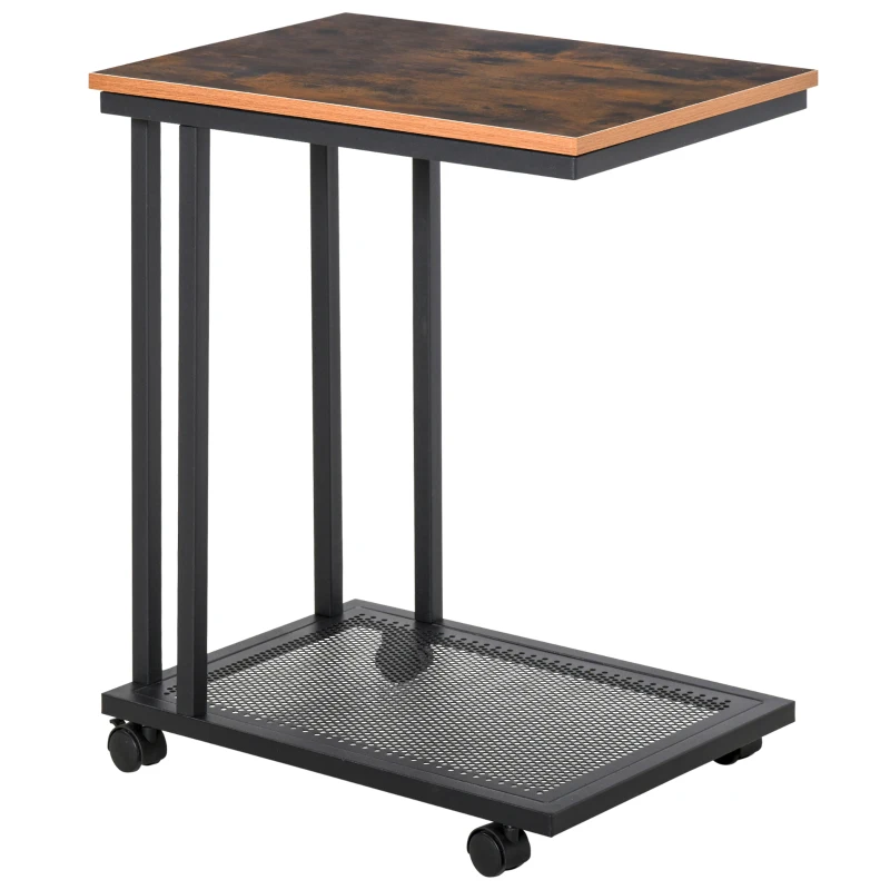 HOMCOM Mesa Lateral mesa Auxiliar com Rodas para Sofá Sala de Estar Dormitório Estilo Industrial Retrô Metal e Madeira 51x36x65cm Madeira e Preto