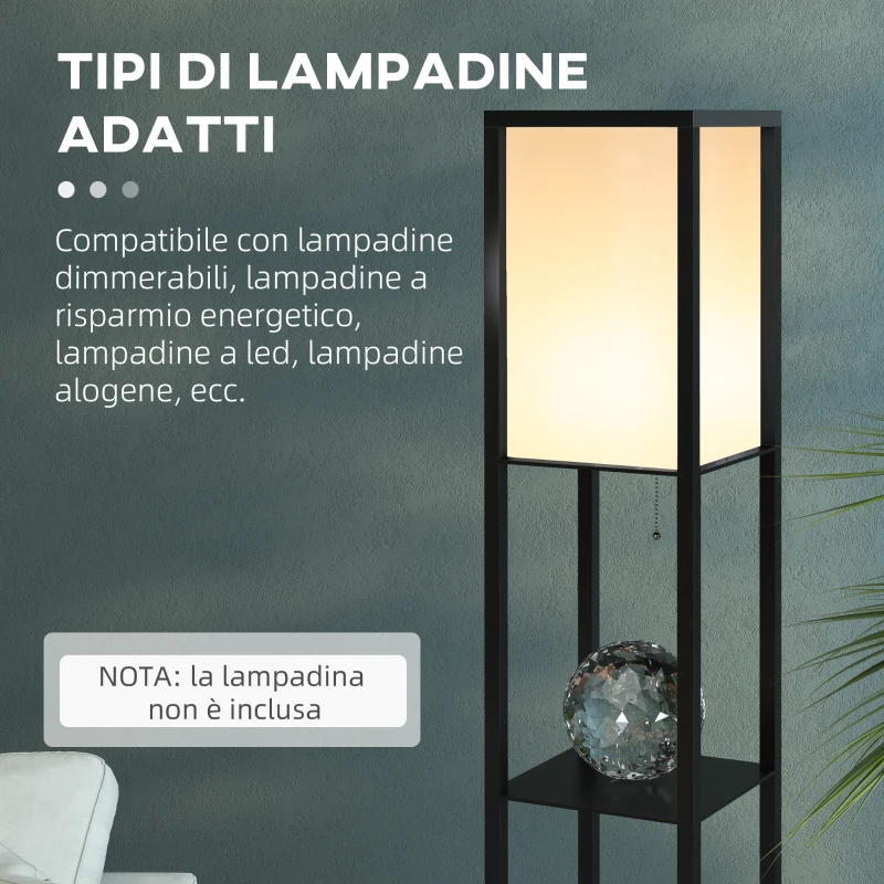 HOMCOM Lampada a Terra 40W con 3 Mensole Integrate e Interruttore a Pedale, Lampada Moderna in MDF e PS, 26x26x160 cm, Nero e Bianco