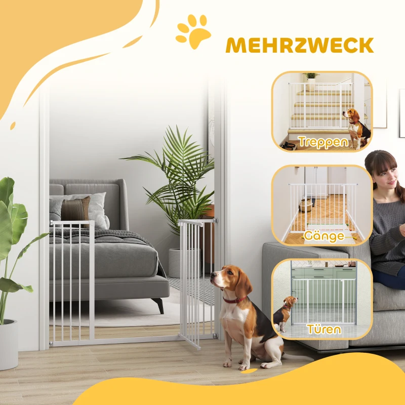 PawHut Türschutzgitter, Treppenschutzgitter ohne bohren, Hunde Absperrgitter, Schutzgitter für Haustier, Hundegitter, Klemmbefestigung, Metall, Weiß, 76-107 x 76 cm